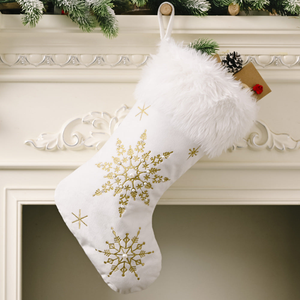 Flannel Pearl Snowflake Christmas Stockings for People, and Pet Stockings.