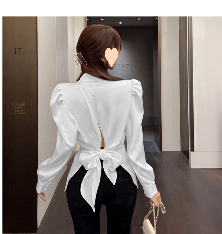 French Style, Back Bow, Satin Blouse