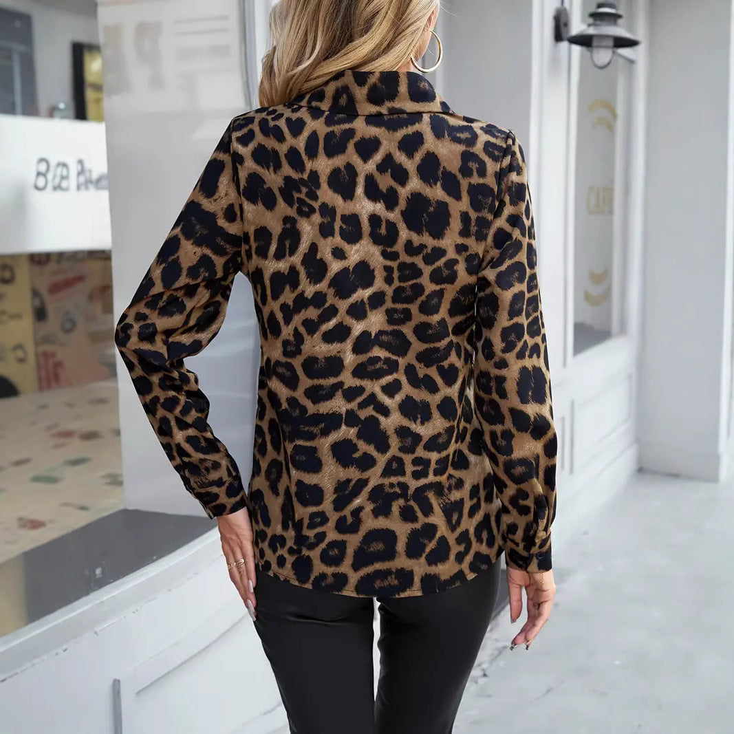 Leopard Print Long-Sleeved Women's Blouse