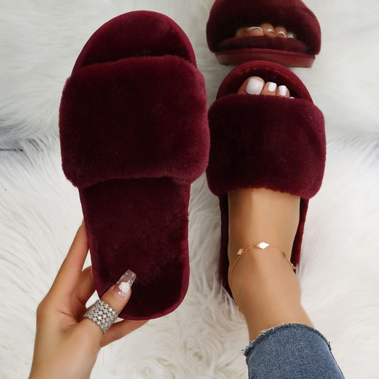 Fluffy, Plush Slippers, Flat, Cotton.