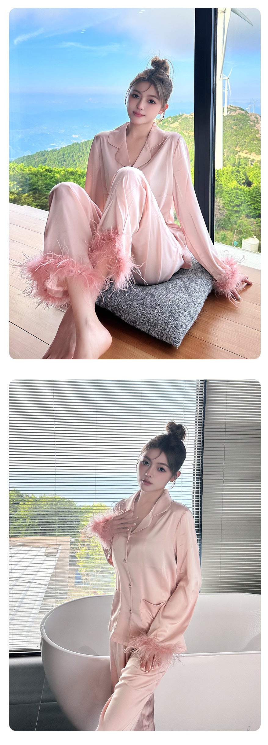 Silk Satin Pajamas with Feather Sleeves