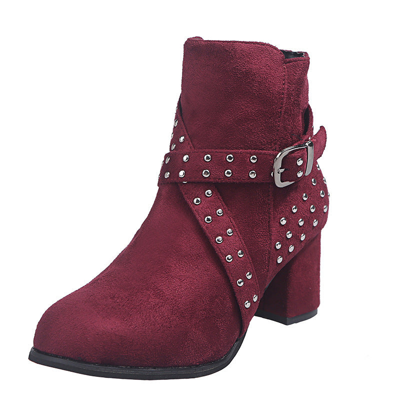 Thick Heel Ankle Boots, Autumn Suede, Belt Buckle