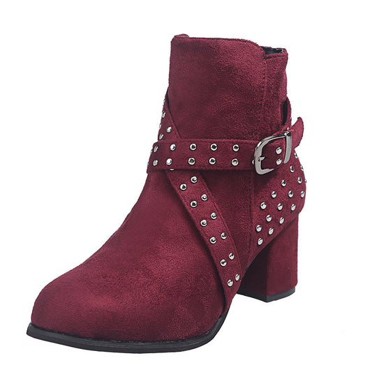 Thick Heel Ankle Boots, Autumn Suede, Belt Buckle