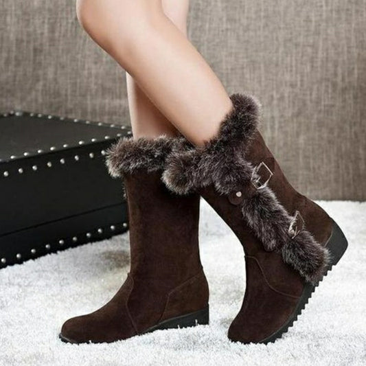 Winter Women Warm, Fur, Mid-Calf Boots.  Slip-On, Round Toe, Flats, Snow Boots.