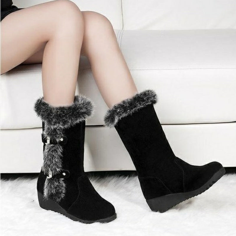 Winter Women Warm, Fur, Mid-Calf Boots.  Slip-On, Round Toe, Flats, Snow Boots.