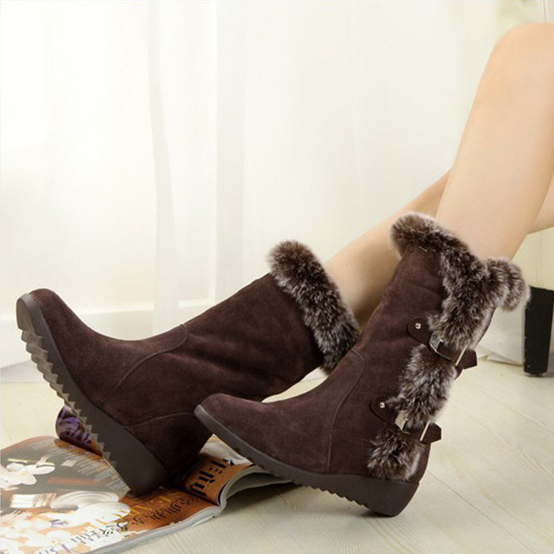 Winter Women Warm, Fur, Mid-Calf Boots.  Slip-On, Round Toe, Flats, Snow Boots.