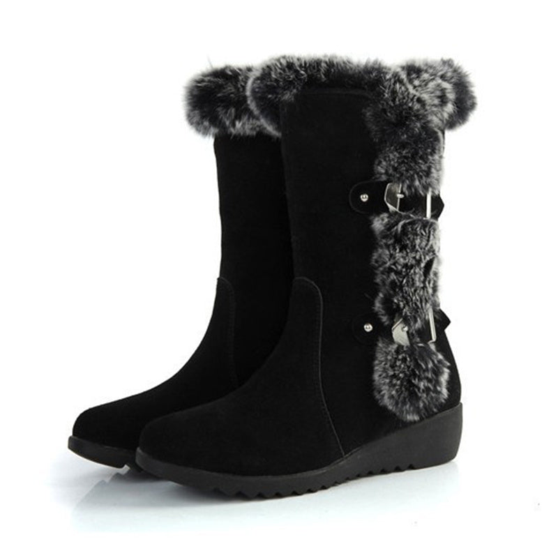 Winter Women Warm, Fur, Mid-Calf Boots.  Slip-On, Round Toe, Flats, Snow Boots.