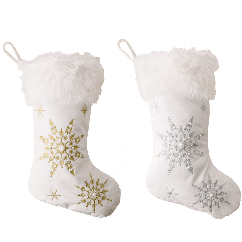 Flannel Pearl Snowflake Christmas Stockings for People, and Pet Stockings.