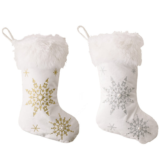 Flannel Pearl Snowflake Christmas Stockings for People, and Pet Stockings.