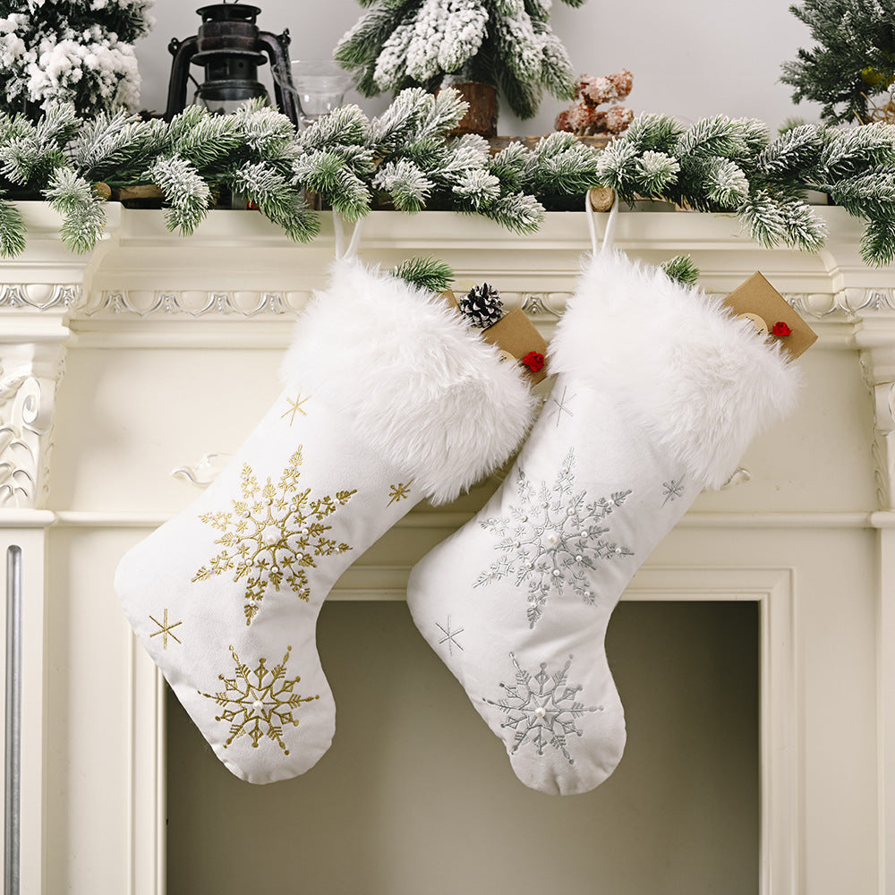 Flannel Pearl Snowflake Christmas Stockings for People, and Pet Stockings.