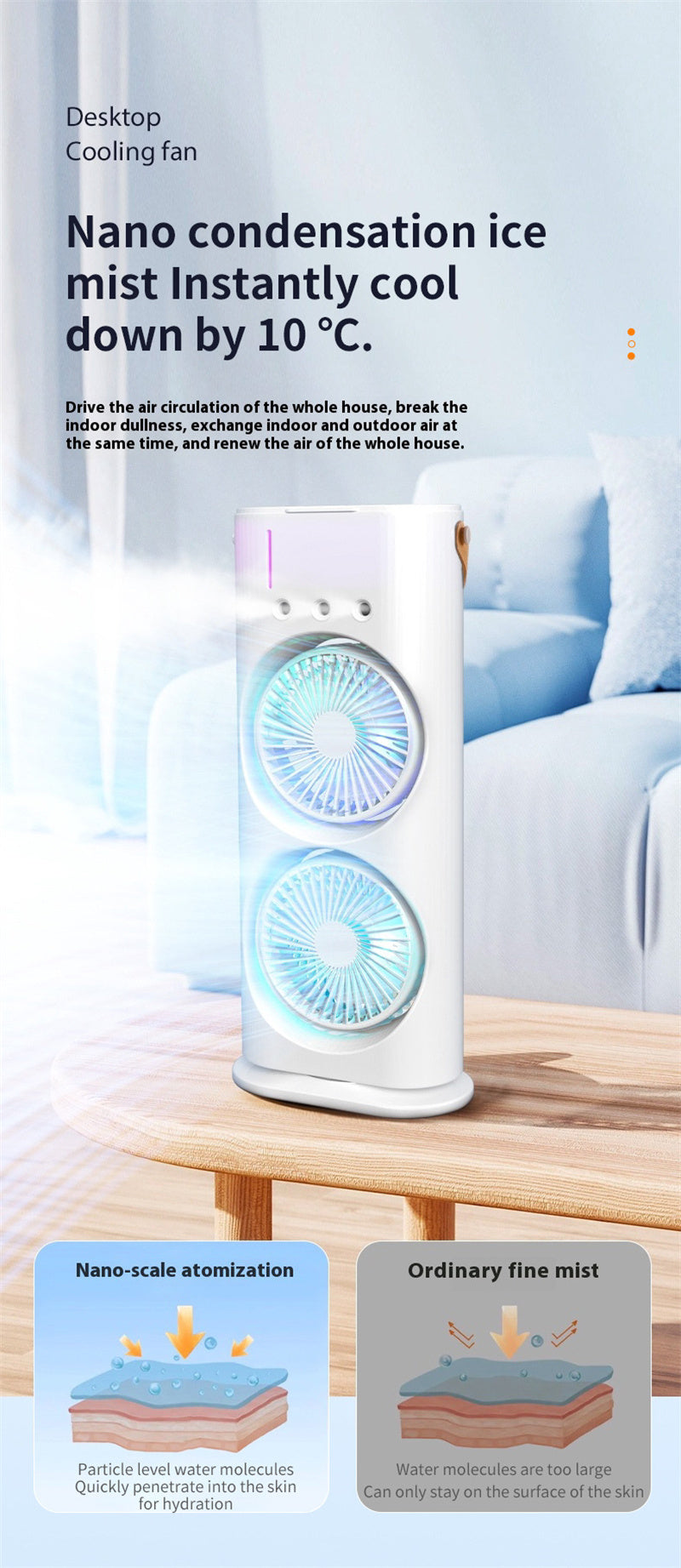 Double Spray Fan, Portable Humidifier Fan, LED Lights, Household Small Air Cooler Hydrocooling Portable Air Adjustment