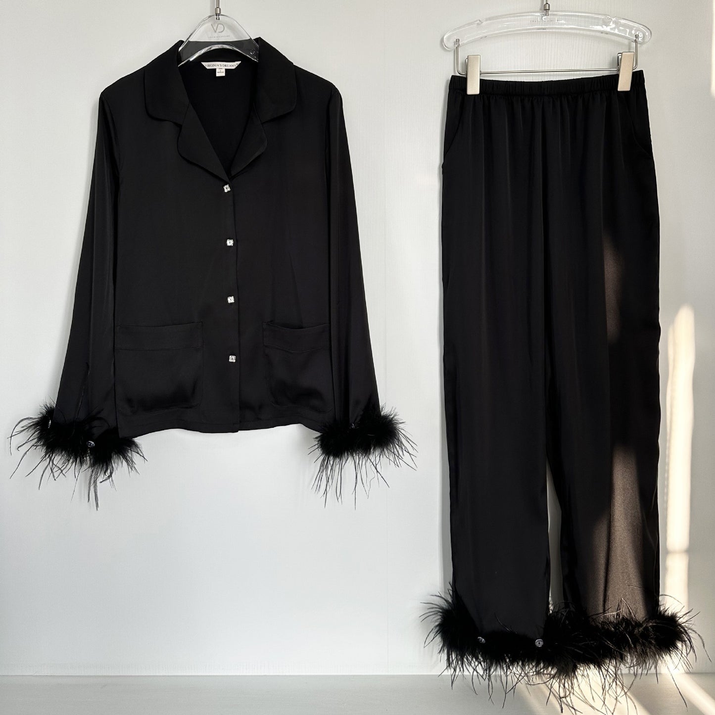 Silk Satin Pajamas with Feather Sleeves