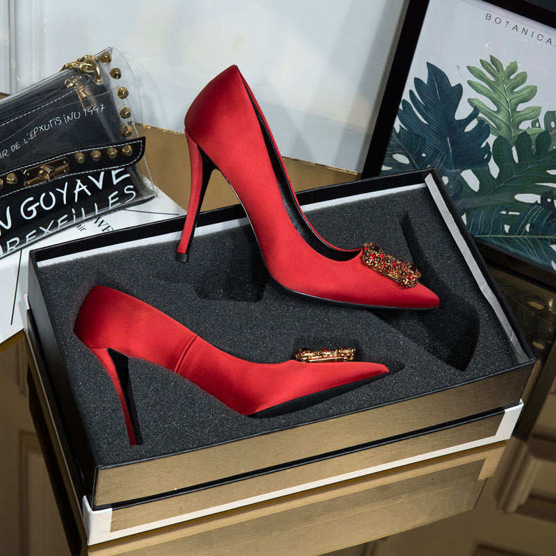 Satin High Heel Pointed Shoes