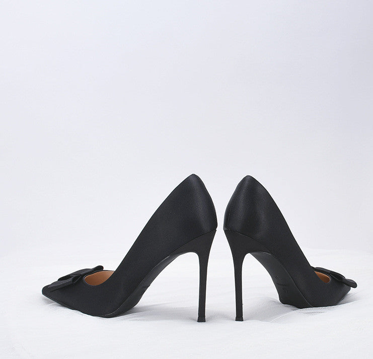 Bow Tie Black Satin Pointed Stiletto Heels