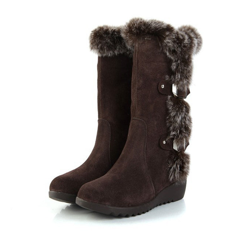 Winter Women Warm, Fur, Mid-Calf Boots.  Slip-On, Round Toe, Flats, Snow Boots.