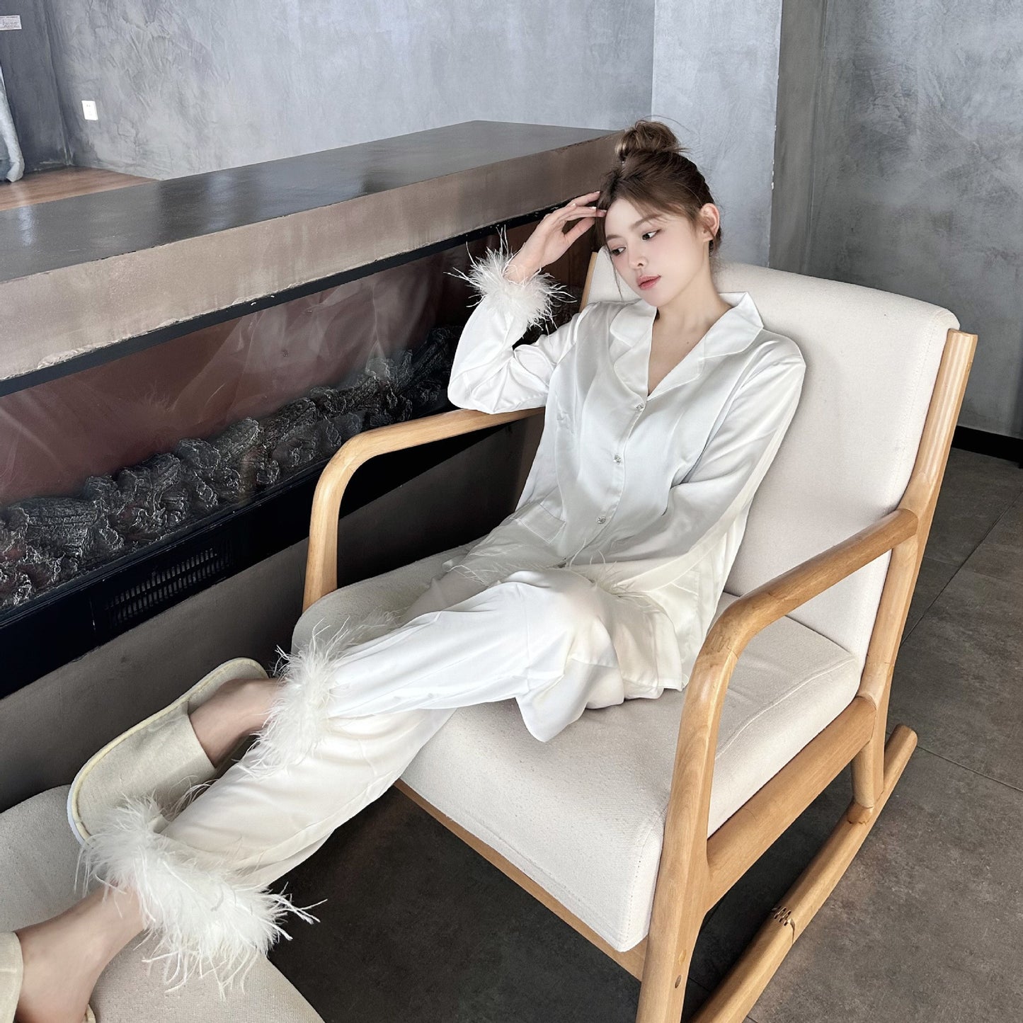 Silk Satin Pajamas with Feather Sleeves