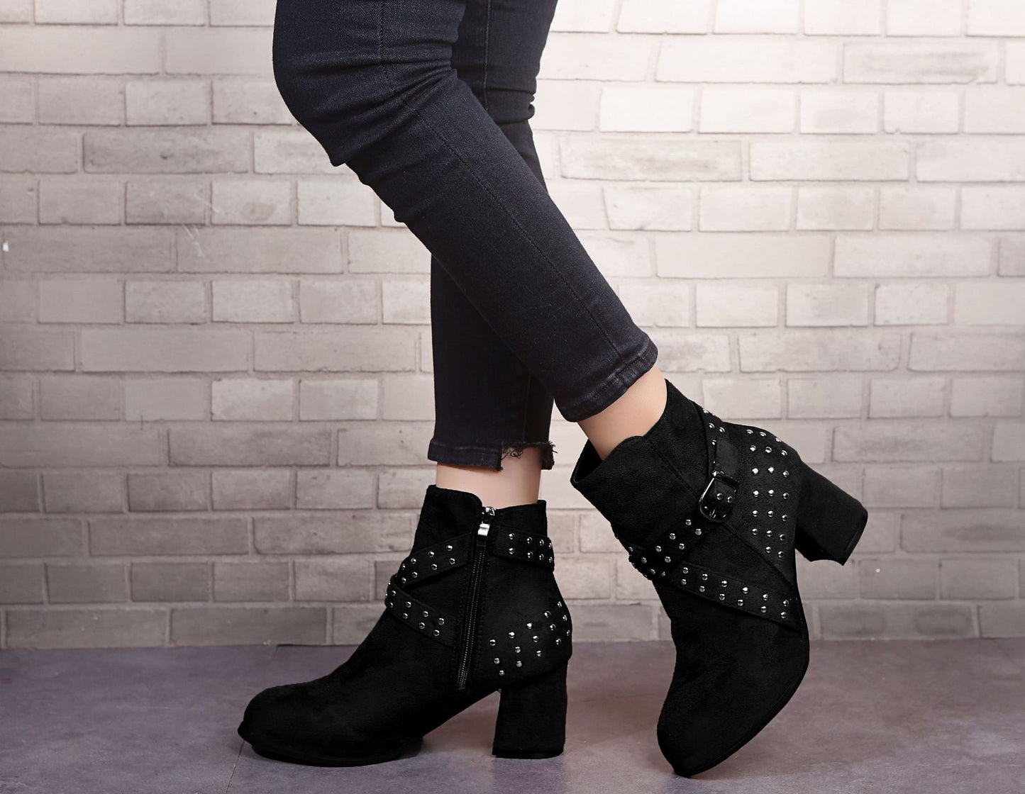 Thick Heel Ankle Boots, Autumn Suede, Belt Buckle