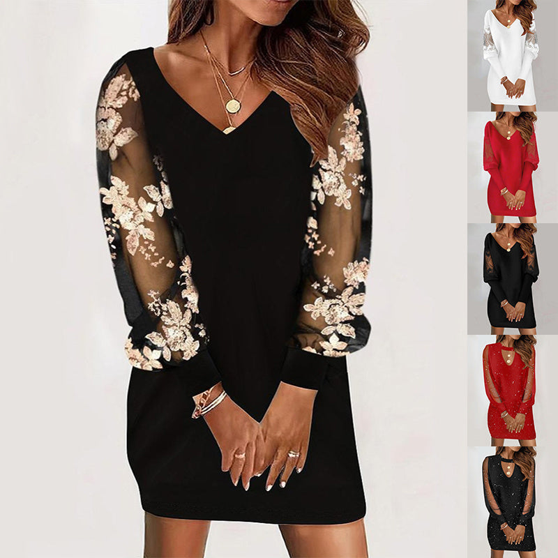 Seasonal V-neck, Lace Splicing Dress