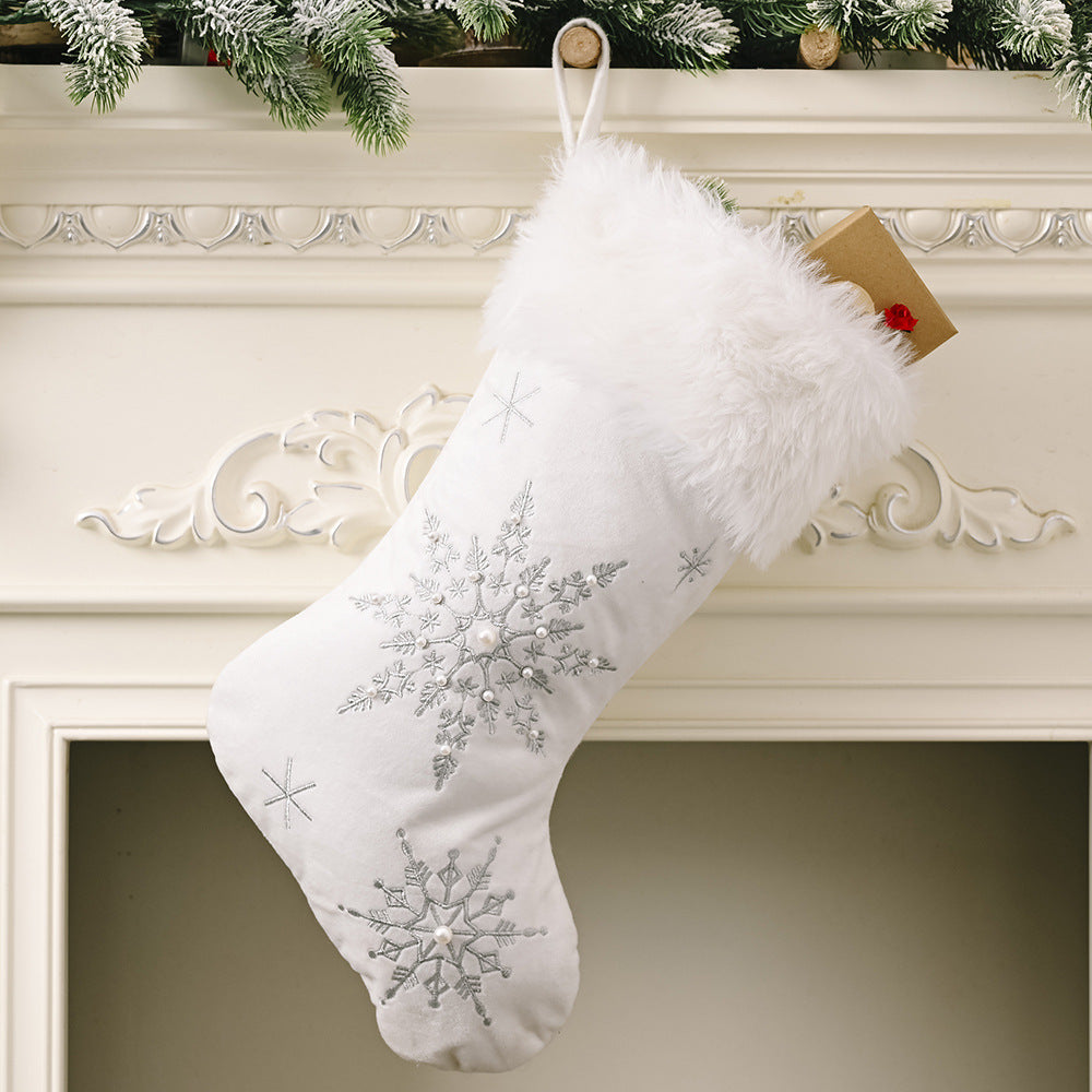 Flannel Pearl Snowflake Christmas Stockings for People, and Pet Stockings.