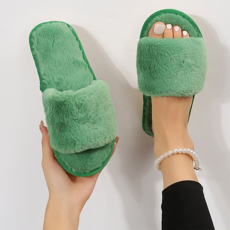 Fluffy, Plush Slippers, Flat, Cotton.
