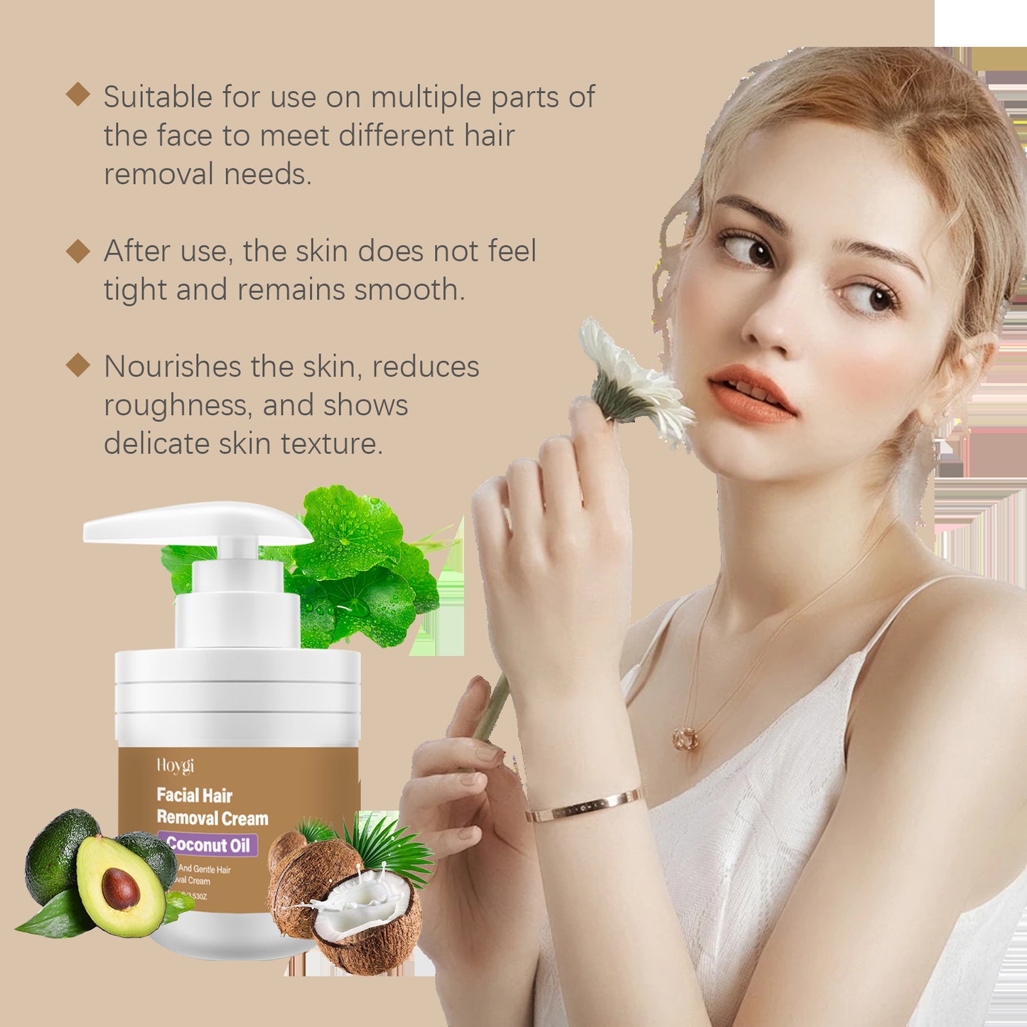 Coconut Facial Hair, Gentle Removal Cream For Men And Women