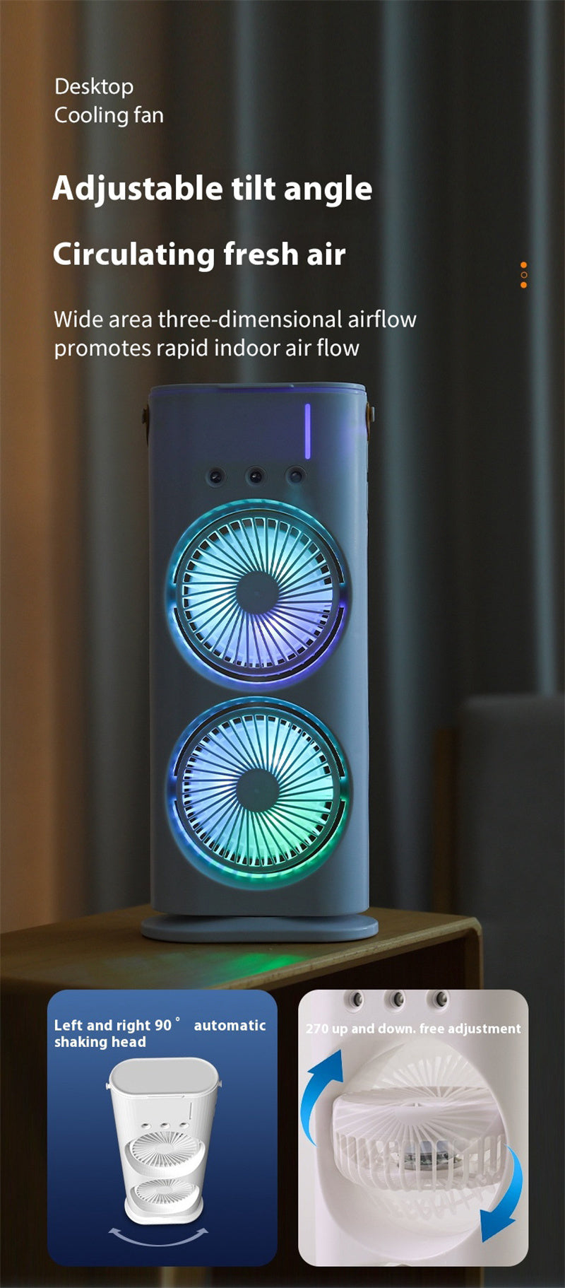 Double Spray Fan, Portable Humidifier Fan, LED Lights, Household Small Air Cooler Hydrocooling Portable Air Adjustment
