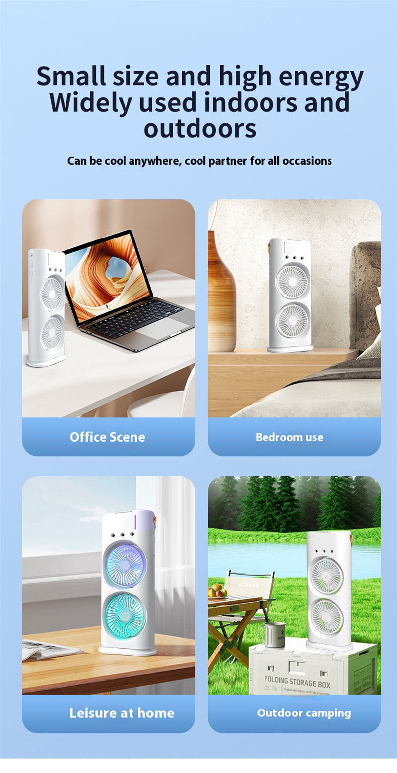 Double Spray Fan, Portable Humidifier Fan, LED Lights, Household Small Air Cooler Hydrocooling Portable Air Adjustment