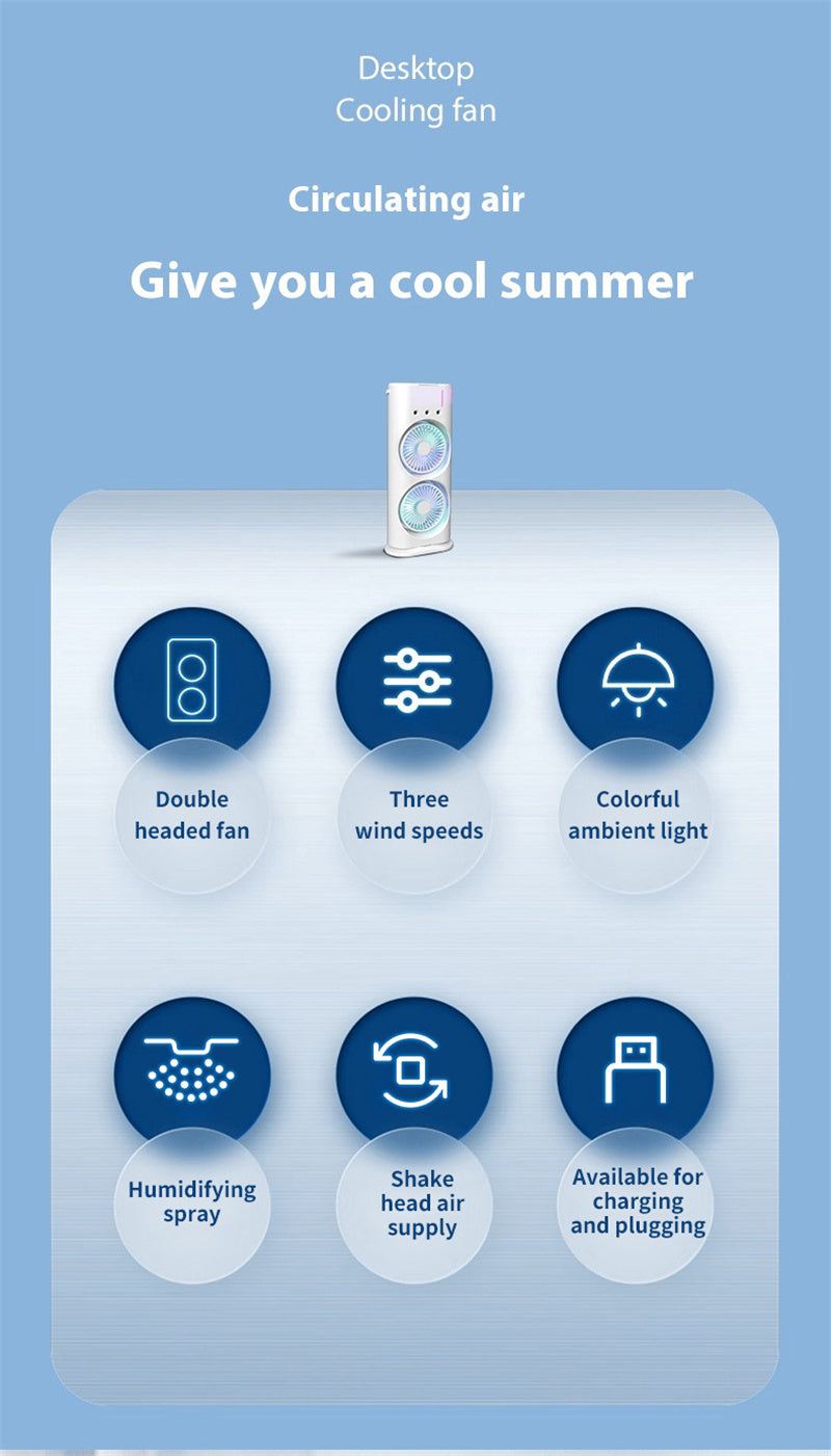 Double Spray Fan, Portable Humidifier Fan, LED Lights, Household Small Air Cooler Hydrocooling Portable Air Adjustment
