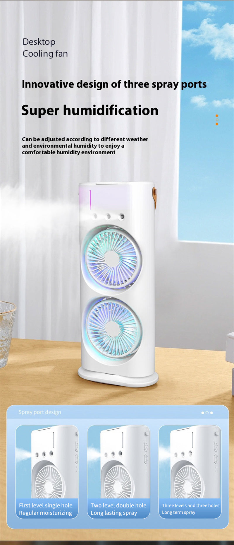Double Spray Fan, Portable Humidifier Fan, LED Lights, Household Small Air Cooler Hydrocooling Portable Air Adjustment