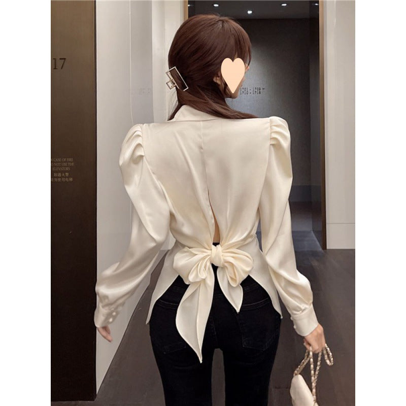 French Style, Back Bow, Satin Blouse