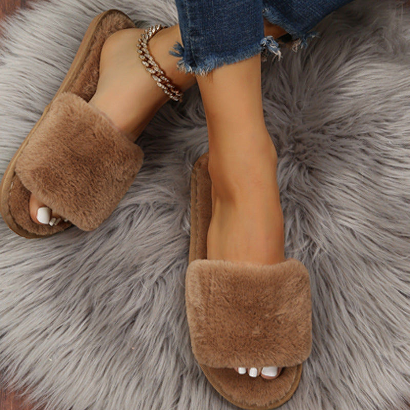 Fluffy, Plush Slippers, Flat, Cotton.