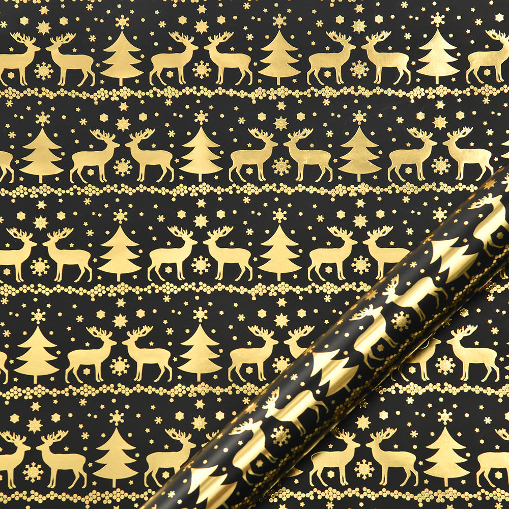 Old World, Vintage Christmas Wrapping Paper, Black/Gold. Designs of Elk, Snowflake.