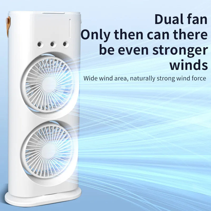 Double Spray Fan, Portable Humidifier Fan, LED Lights, Household Small Air Cooler Hydrocooling Portable Air Adjustment