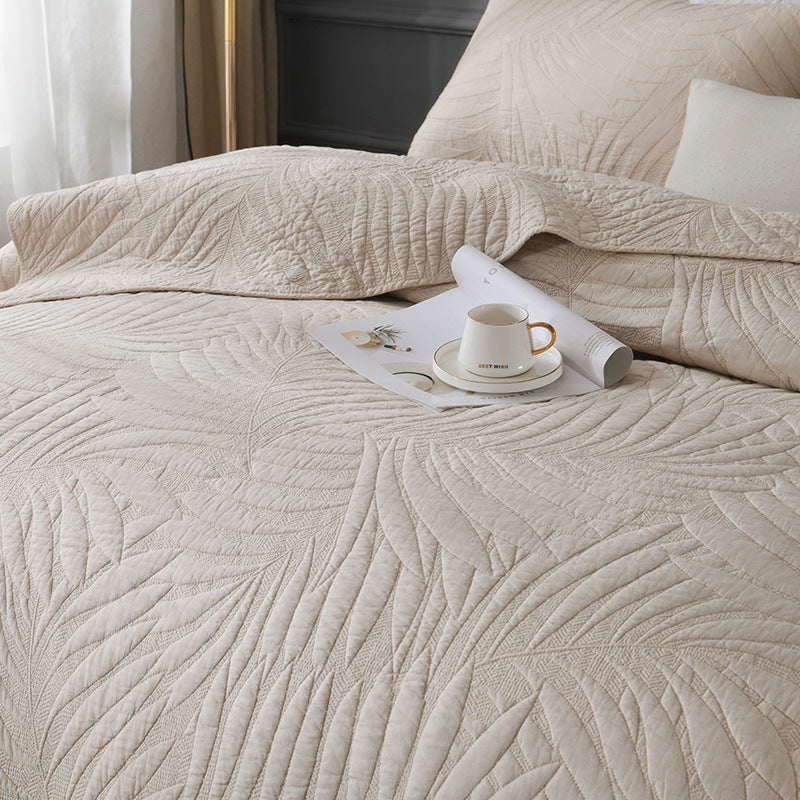 Decor Embroidered  Bed Quilt, Pure Leaf Pattern, Double-sided, Three-piece Set.