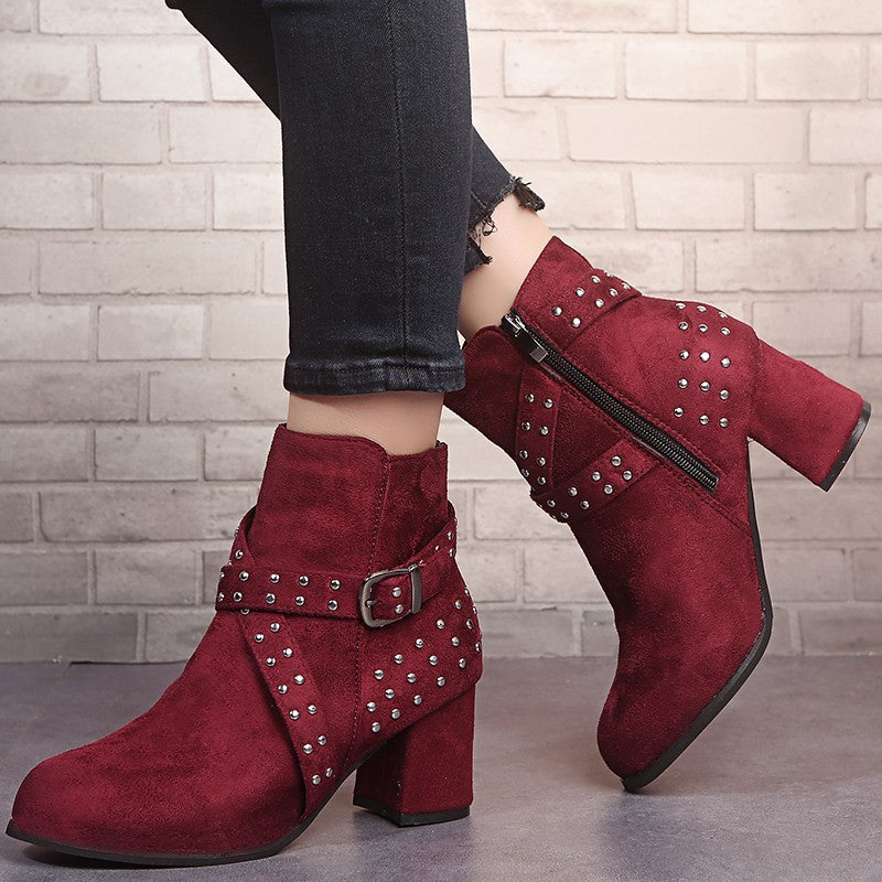 Thick Heel Ankle Boots, Autumn Suede, Belt Buckle