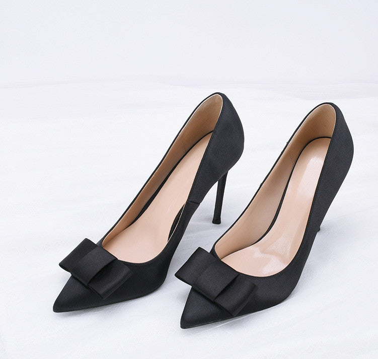 Bow Tie Black Satin Pointed Stiletto Heels