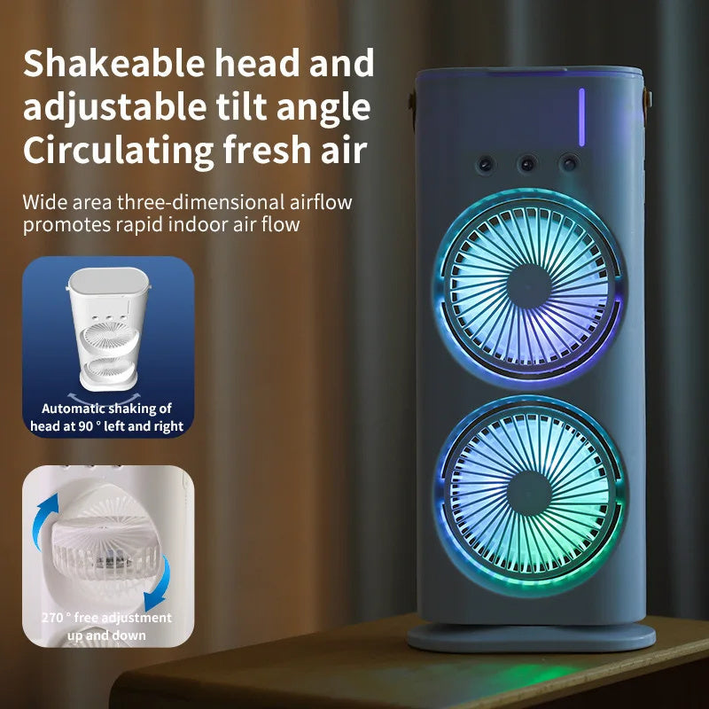 Double Spray Fan, Portable Humidifier Fan, LED Lights, Household Small Air Cooler Hydrocooling Portable Air Adjustment